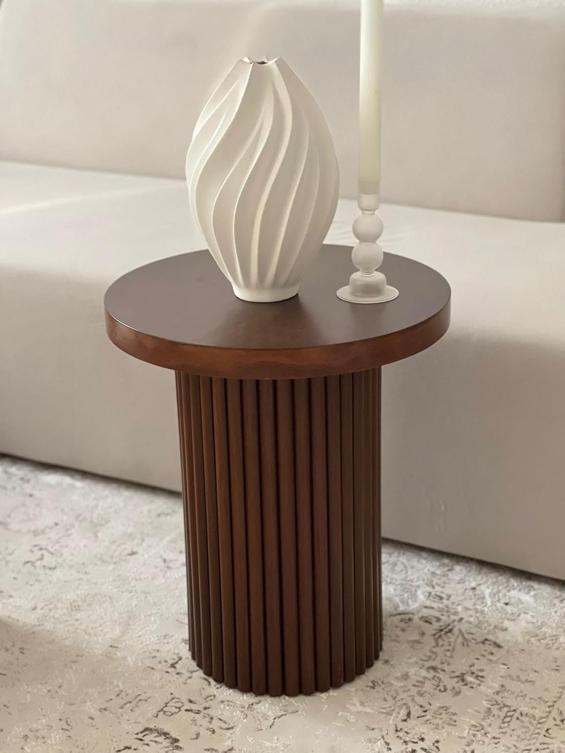 Lamisent Side Table Wood in Travertine Look, Japandi Style, Diameter 45 cm, Height 55 cm, MDF (Travertine Look) (Copy)
