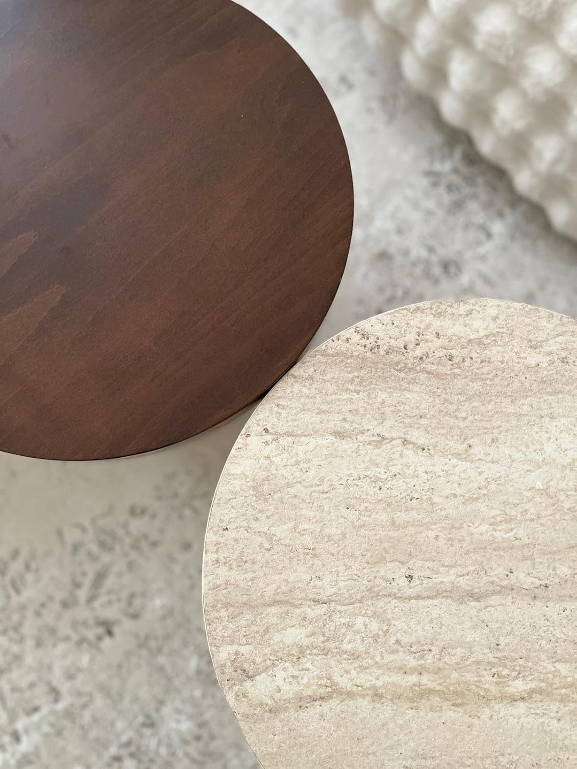 Lamisent Side Table Wood in Travertine Look, Japandi Style, Diameter 45 cm, Height 55 cm, MDF (Travertine Look) (Copy)