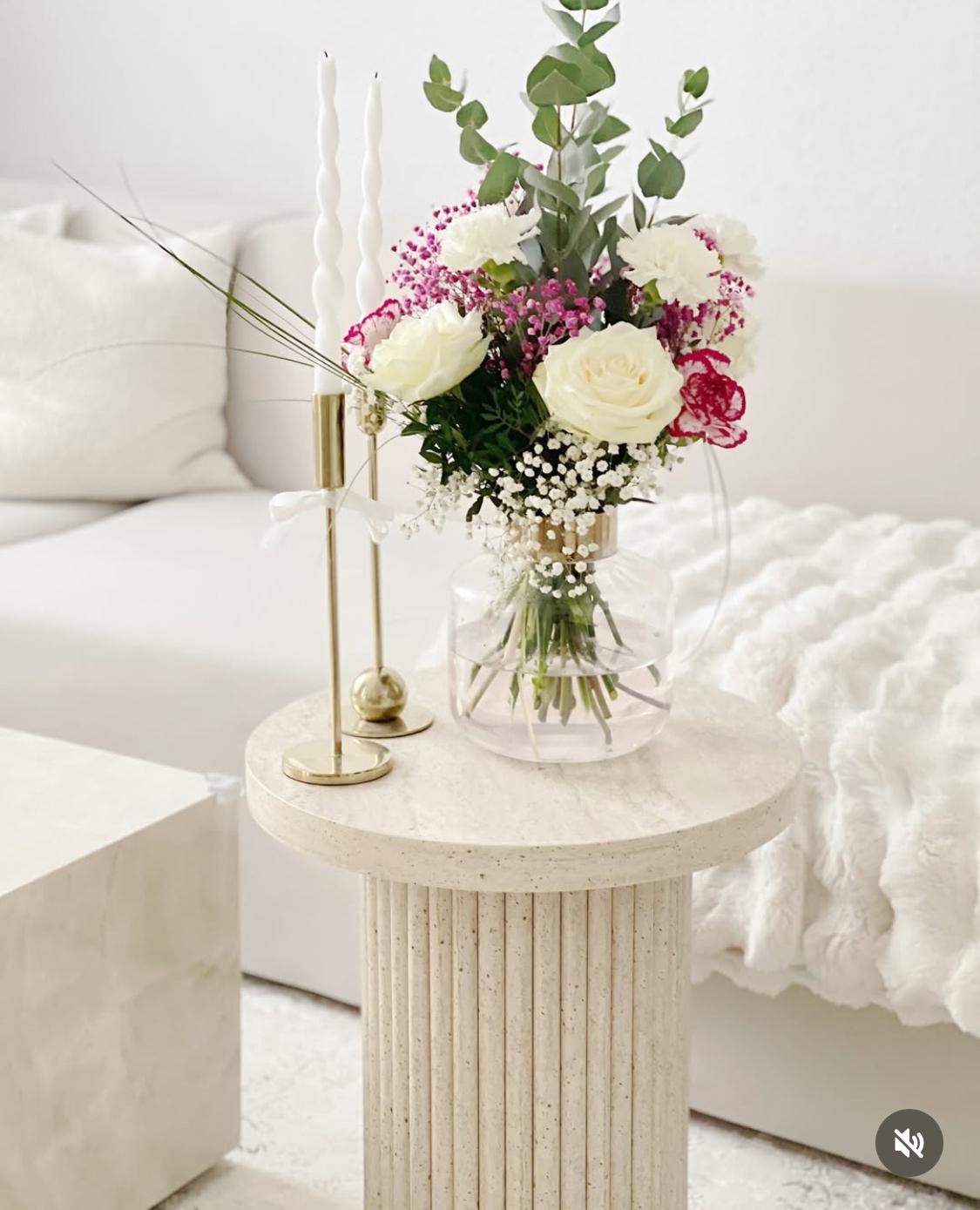Lamisent Side Table Wood in Travertine Look, Japandi Style, Diameter 45 cm, Height 55 cm, MDF (Travertine Look)