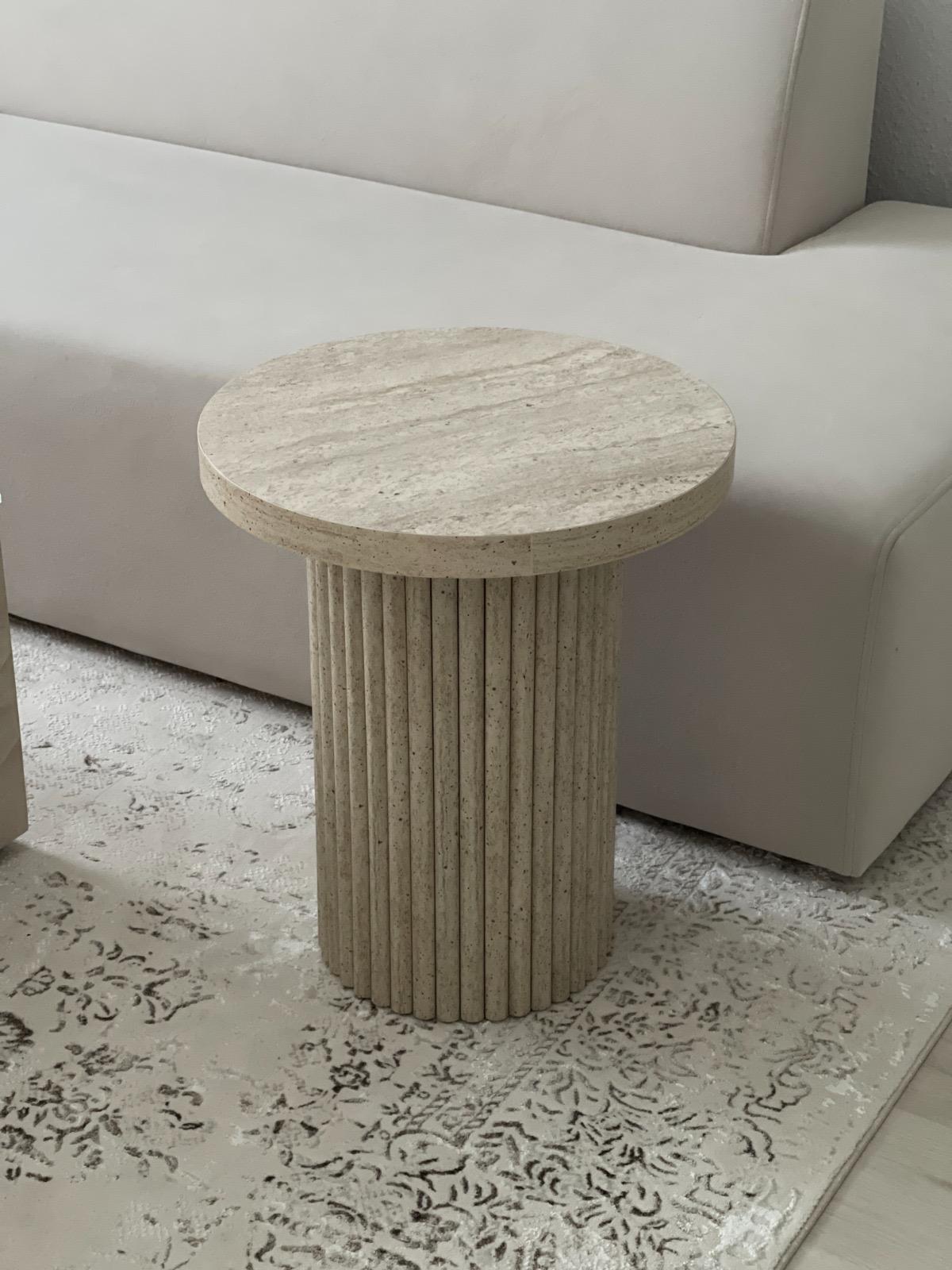Lamisent Side Table Wood in Travertine Look, Japandi Style, Diameter 45 cm, Height 55 cm, MDF (Travertine Look)