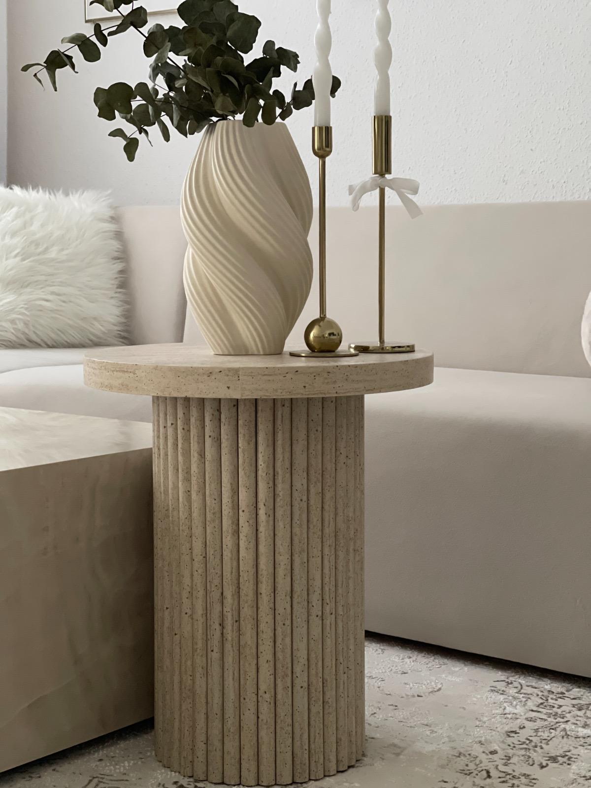 Lamisent Side Table Wood in Travertine Look, Japandi Style, Diameter 45 cm, Height 55 cm, MDF (Travertine Look)